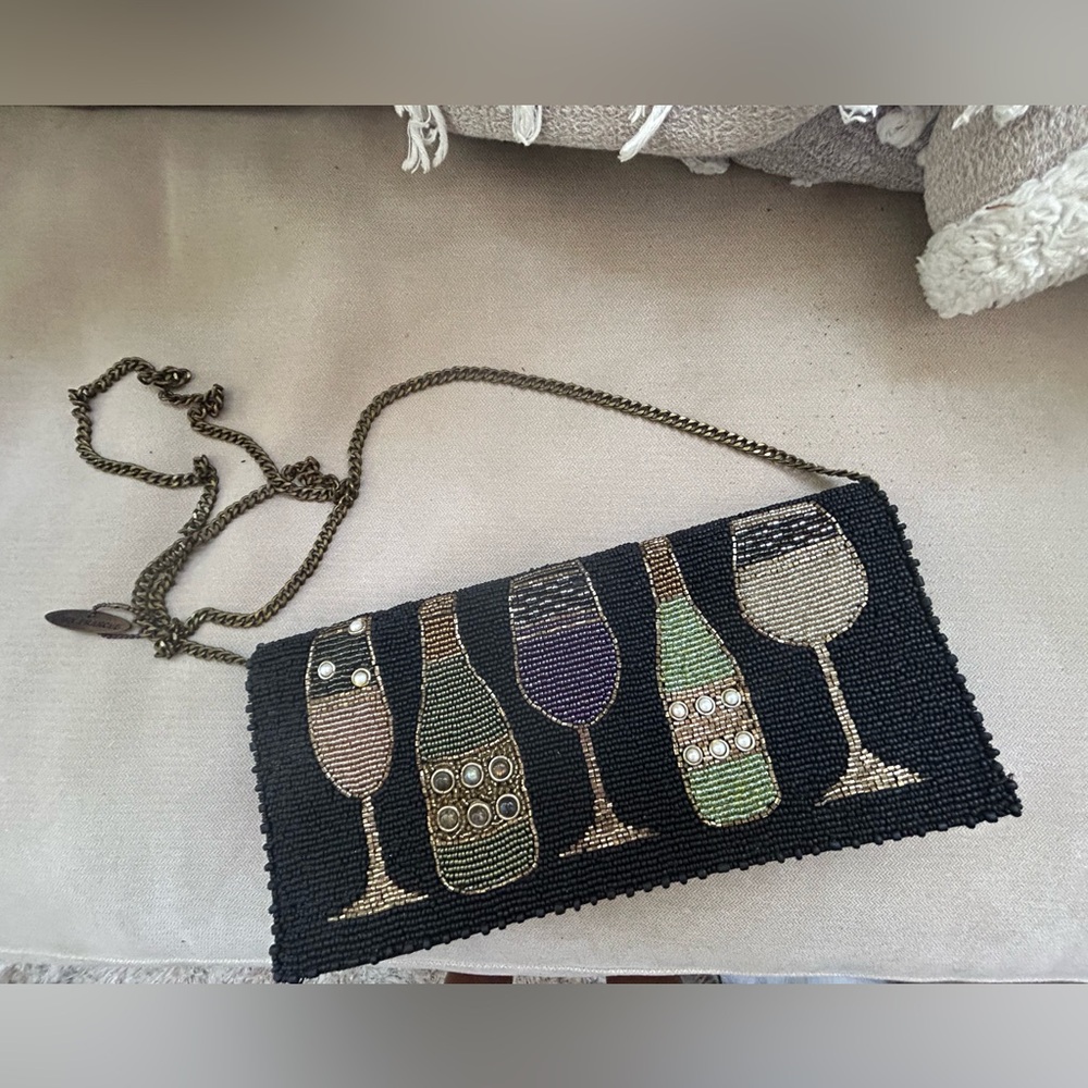 Mary Frances Beaded Wine Glass & Bottle Clutch / Crossbody Purse - Black